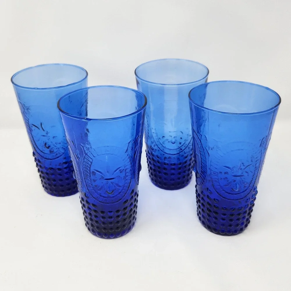 Pier 1 Fleur de Lis Cobalt Blue Hobnail Drinking Glass set of four1